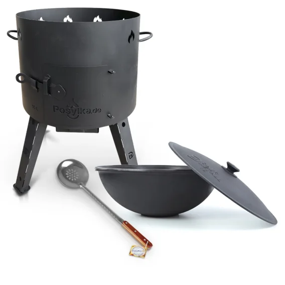 Set - Feuerofen - KazanoFF, für usbekischen Kasan 16 Liter, Ø 44 cm + Gusseisenkasan, Aluminiumdeckel, flacher Boden, Ø 46,5 cm, 16 l + Schaumlöffel 4