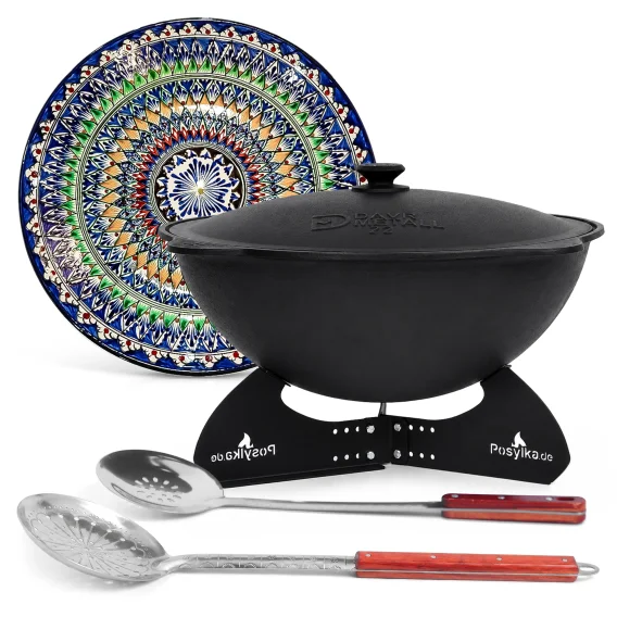 Kasan aus Gusseisen, Aluminiumdeckel, runder Boden, 22 l, Ø 52,7 + Ständer + Lagan Ø 42 cm + Küchenzubehör