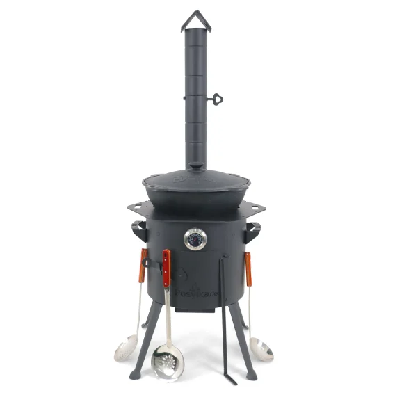 Utschak Feuerofen Ø 36 cm + Gusseisen-Kasan 10 L, flacher Boden + Küchenzubehör, Usbekischer Kochtopf aus Gusseisen