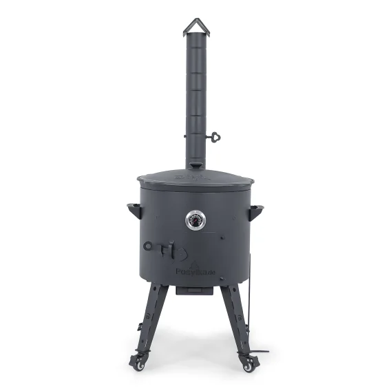 Utschak Feuerofen Ø 44 cm + Gusseisen-Kasan 16 l, Ø 46,5 cm, flacher Boden + Küchenzubehör, Usbekischer Kochtopf aus Gusseisen