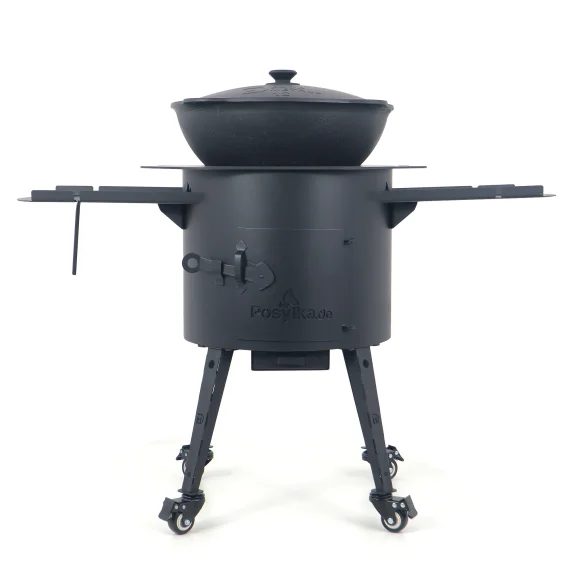 Utschak Feuerofen Ø 40 cm + Gusseisen-Kasan 12 L, runder Boden, Transportrollen, Ablagetische, Ofenplatte + Küchenzubehör, Usbekischer Kochtopf aus Gu