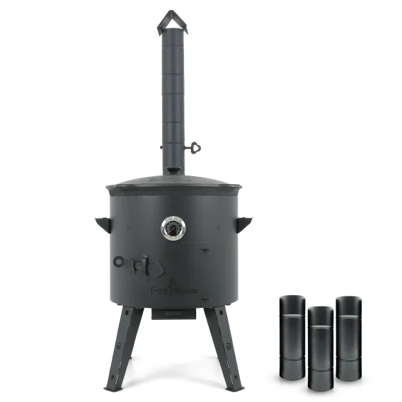 Utschak Feuerofen Ø 44 cm + Gusseisen-Kasan 16 l, Ø 46,5 cm, runder Boden + Küchenzubehör, Usbekischer Kochtopf aus Gusseisen