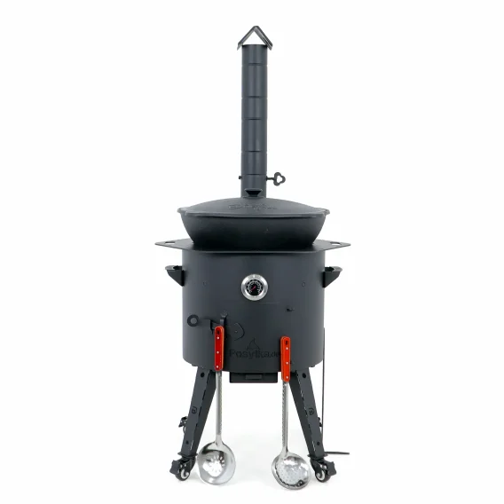 Utschak Feuerofen Ø 44 cm + Gusseisen-Kasan 16 l, Ø 46,5 cm, flacher Boden + Küchenzubehör, Usbekischer Kochtopf aus Gusseisen