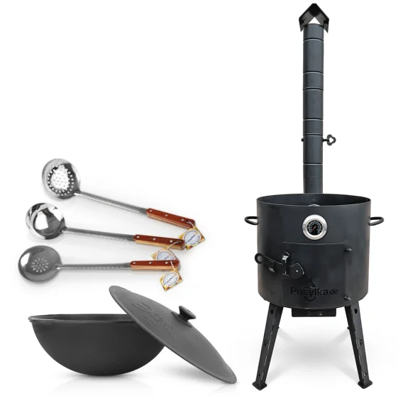 Set - Feuerofen- KazanoFF, für Kasan 12 Liter, Ø 40 cm + Thermometer + Gusseisenkasan, runder Boden, Ø 42,5 cm, 12 l + Schaumlöffel: 2 Stk. + Schöpfk