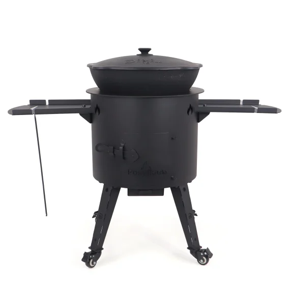 Учаг печь Ø 44 см + чугунный казан 16 л, круглое дно, колёса, столики, плита + кухонные принадлежности, узбекский чугунный казан для гриля и плова