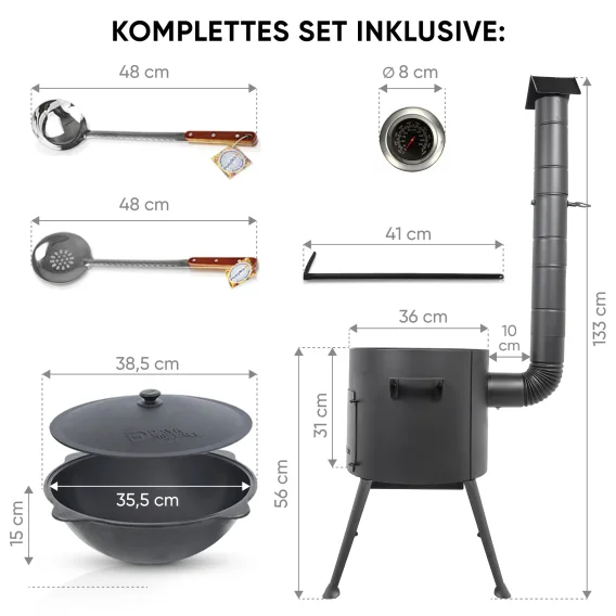 Utschak Feuerofen Ø 36 cm + Gusseisen-Kasan 10 L, Ø38,5 cm, runder Boden + Küchenzubehör, Usbekischer Kochtopf aus Gusseisen für Grill & Plov