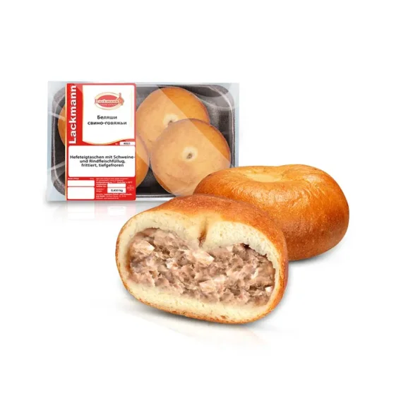 Beljaschi, Hefeteigtaschen, mit Schweine- und Rindfleischfüllung, frittiert, Lackmann, 450 g