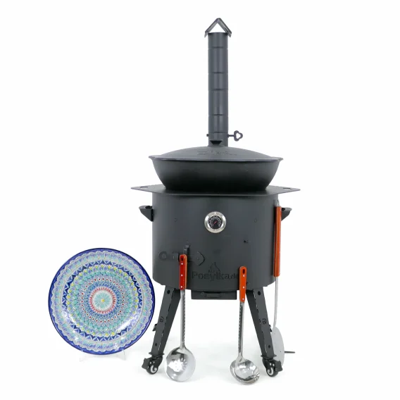 Utschak Feuerofen Ø 49 cm + Gusseisen-Kasan 22 L, flacher Boden + Küchenzubehör, Usbekischer Kochtopf aus Gusseisen