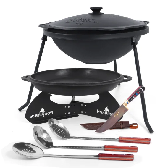 Kasan aus Gusseisen, Aluminiumdeckel, runder Boden, Ø 42,5 cm, 12 l + Untersetzer + Dreibein + Deckelpfanne Ø 42,5 cm + Küchenzubehör