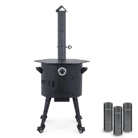 Feuerofen Utschak Ø 40 cm mit Abzugsrohr, für Kasan 12 L, Thermometer, Transportrollen, Ofenplatte