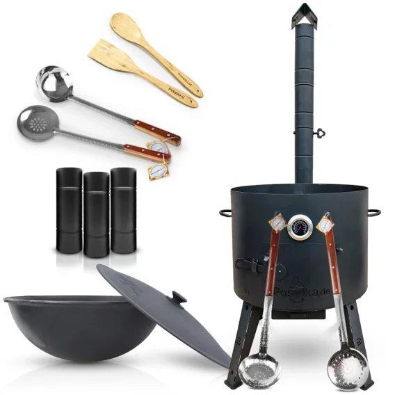 Set - Feuerofen - KasanoFF, 22 Liter, Ø 49 cm + Thermometer + Rohrverlängerung + Gusseisenkasan, runder Boden, 22 l, Ø 52,7 cm + Schaumlöffel: 3-Stk.+