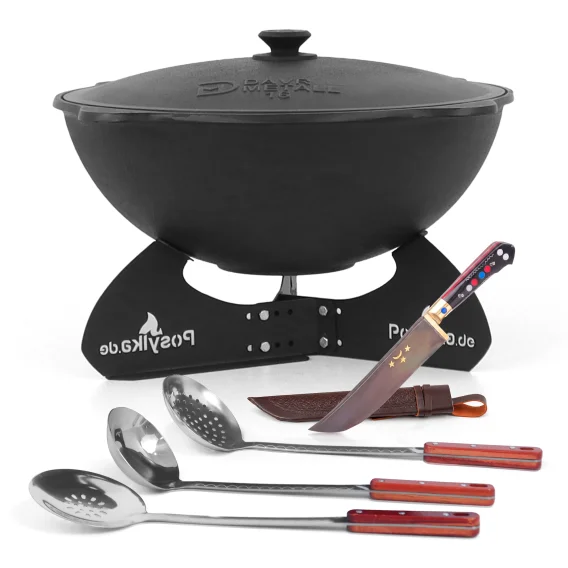 Kasan aus Gusseisen, Aluminiumdeckel, flacher Boden, Ø 46,5 cm, 16 l + Ständer + Küchenzubehör