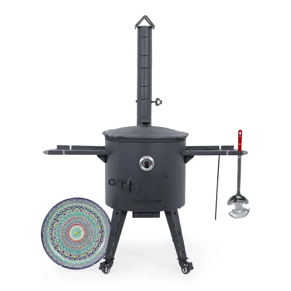 Utschak Feuerofen Ø 44 cm + Gusseisen-Kasan 16 l, Ø 46,5 cm, runder Boden + Küchenzubehör, Usbekischer Kochtopf aus Gusseisen
