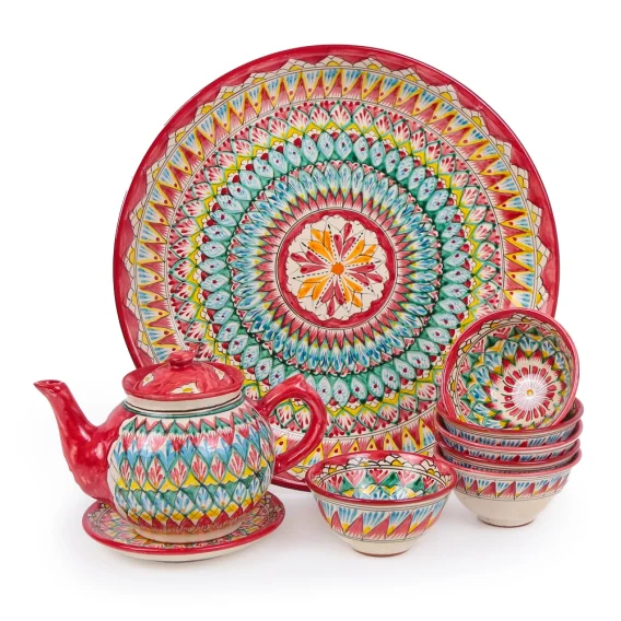 Сервиз чайный - Мехроб красный - MSV2 - RA - Риштанская керамика - 9 предметов