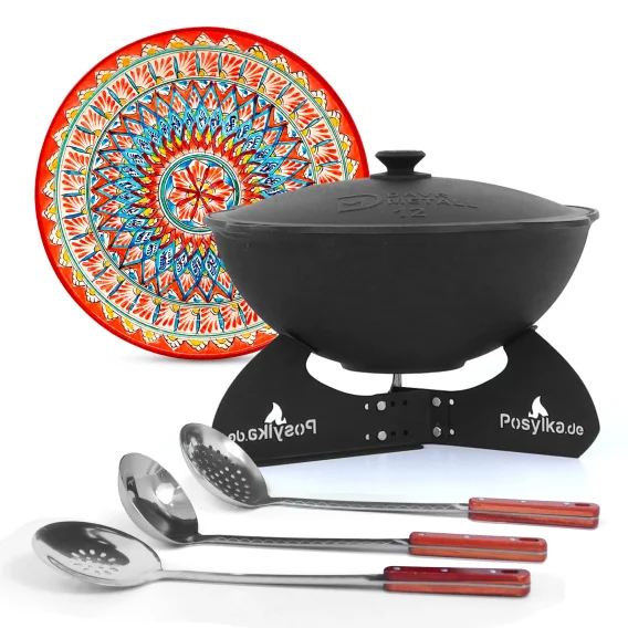 Kasan aus Gusseisen, Aluminiumdeckel, flacher Boden, Ø 42,5 cm, 12 l + Ständer + Lagan Ø 37 cm + Küchenutensilien