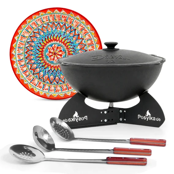 Kasan aus Gusseisen, Aluminiumdeckel, runder Boden, Ø 42,5 cm, 12 l + Untersetzer + Lagan Ø 37 cm + Küchenzubehör