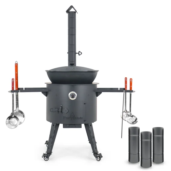 Учаг печь Ø 49 см + чугунный казан 22 л, круглое дно + кухонные принадлежности, узбекский чугунный казан для гриля и плова