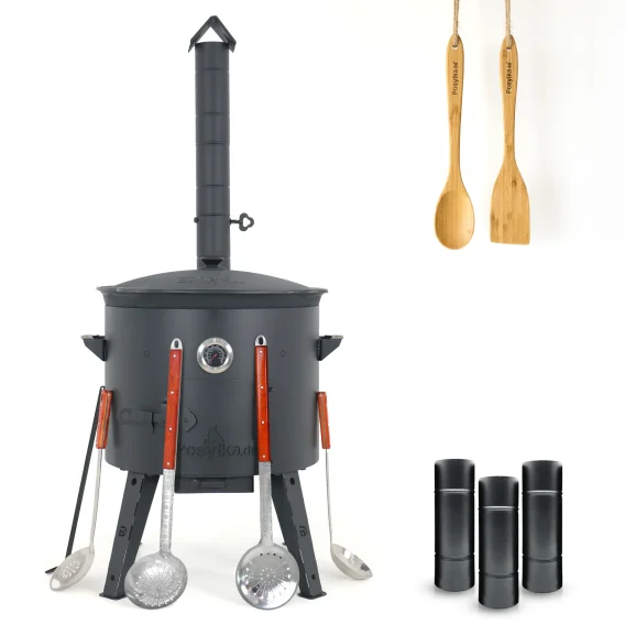 Utschak Feuerofen Ø 49 cm + Gusseisen-Kasan 22 L, flacher Boden + Küchenzubehör, Usbekischer Kochtopf aus Gusseisen