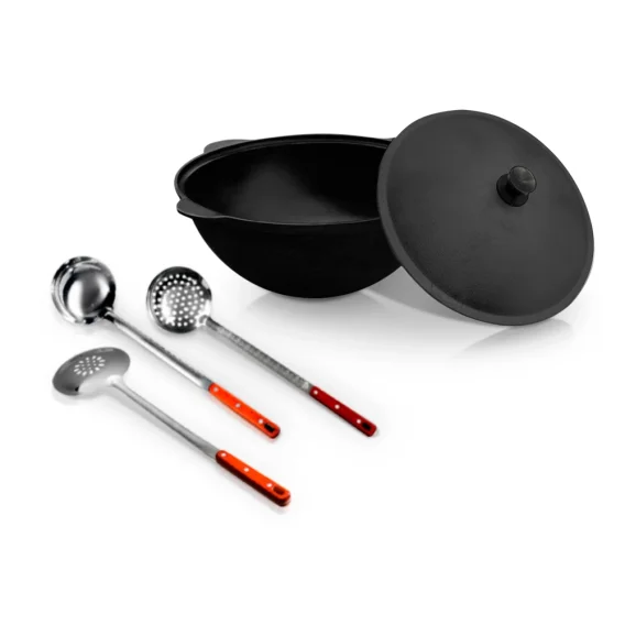 Set - Kasan aus Gusseisen, 16 L, Ø 46 см, Schaumlöffel 48 cm, Schaumlöffel tief 48 cm, Schöpflöffel 48 cm