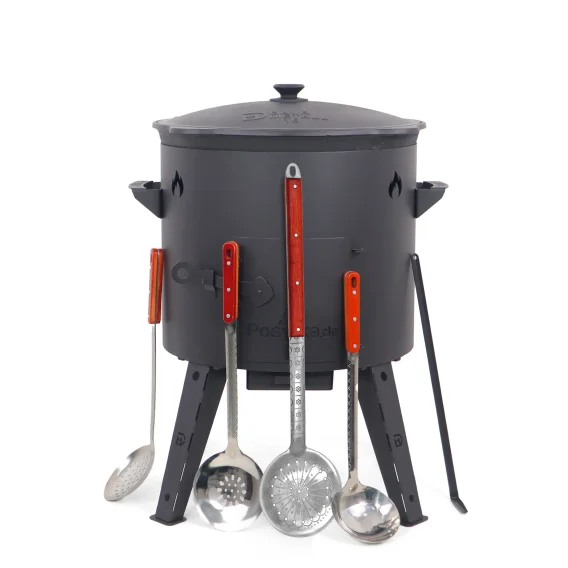 Utschak Feuerofen Ø 44 cm + Gusseisen-Kasan 16 l, Ø 46,5 cm, runder Boden + Küchenzubehör, Usbekischer Kochtopf aus Gusseisen