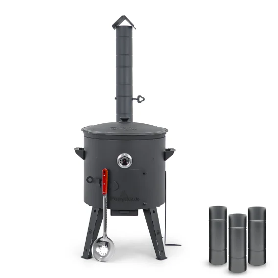 Utschak Feuerofen Ø 44 cm + Gusseisen-Kasan 16 l, Ø 46,5 cm, flacher Boden + Küchenzubehör, Usbekischer Kochtopf aus Gusseisen