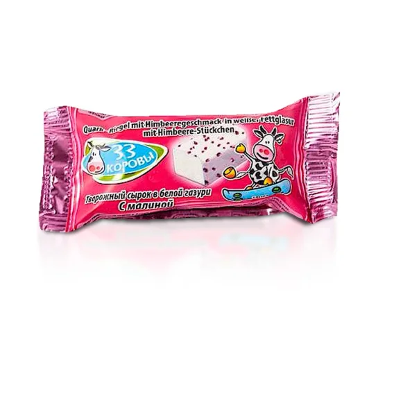 Quarkriegel in weisser Glasur, mit Himbeere, 33 korovy, 40 g