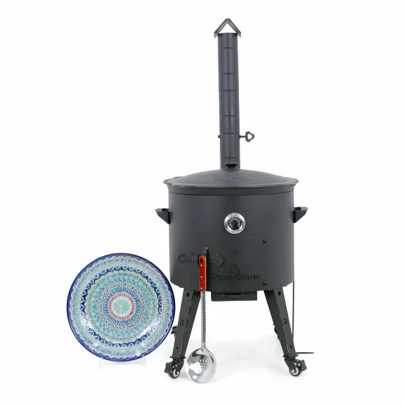 Utschak Feuerofen Ø 49 cm + Gusseisen-Kasan 22 L, Ø 52,7 cm, flacher Boden + Küchenzubehör, Usbekischer Kochtopf aus Gusseisen