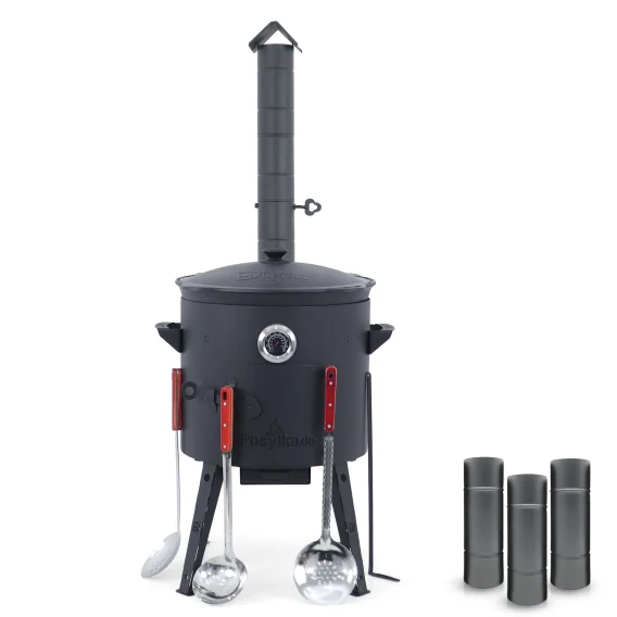 Utschak Feuerofen Ø 40 cm + Gusseisen-Kasan 12 L, flacher Boden + Küchenzubehör, Usbekischer Kochtopf aus Gusseisen