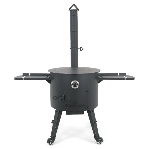 Feuerofen Utschak Ø 49 cm mit Abzugsrohr, für Kasan 22 L, Thermometer, Transportrollen, Ablagetischen, Ofenplatte