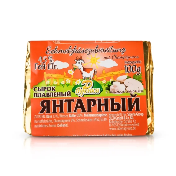 Schmelzkäse - Jantarnyj, mit Champignons, 45 % Fett, Burjinka, 100 g