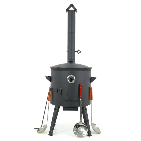 Набор - Учаг - КазаноFF с трубой,  Ø 40 см + казан  Ø 42,5 см, 12 л + термометр + ручка + шумовка: 2 шт + поварёшка 