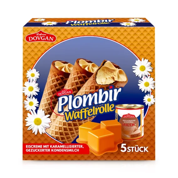 Мороженое - Пломбир в вафельной трубочке, с карамелизированным сгущенным молоком, Dovgan, 5 x 95 мл