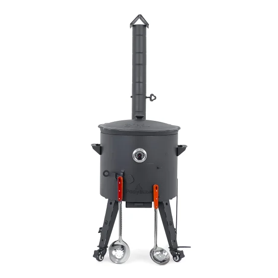 Utschak Feuerofen Ø 44 cm + Gusseisen-Kasan 16 l, Ø 46,5 cm, flacher Boden + Küchenzubehör, Usbekischer Kochtopf aus Gusseisen