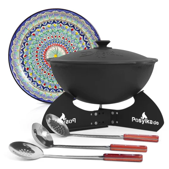 Gusseisen-Kasan, Aluminiumdeckel, runder Boden, Ø 38,5 cm, 10 l + Untergestell + Lagan Ø 37 cm + Küchenutensilien