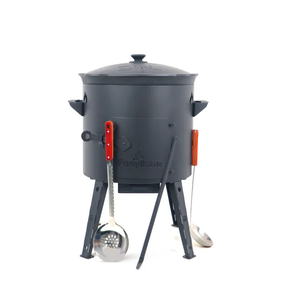 Utschak Feuerofen Ø 40 cm + Gusseisen-Kasan 12 L, Ø 42,5 cm, runder Boden + Küchenzubehör, Usbekischer Kochtopf aus Gusseisen