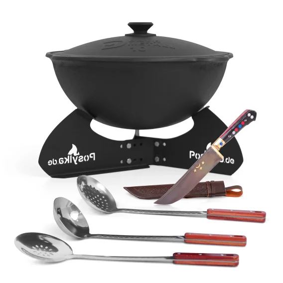 Kasan aus Gusseisen, Aluminiumdeckel, runder Boden, Ø 38,5 cm, 10 l + Untersetzer + Küchenzubehör