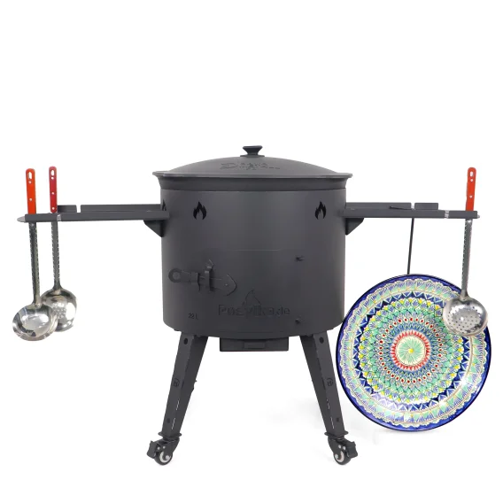 Utschak Feuerofen Ø 49 cm + Gusseisen-Kasan 22 L, flacher Boden, Transportrollen, Ablagetische + Küchenzubehör, Usbekischer Kochtopf aus Gusseisen