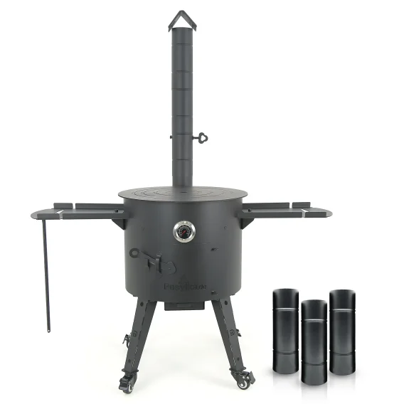 Feuerofen mit Rohr Ø 44 cm + Rohrverlängerung + Herdplatte + Thermometer + Rollen: 4 St + Ablagetisch: 2 St + Zahnstocherspender