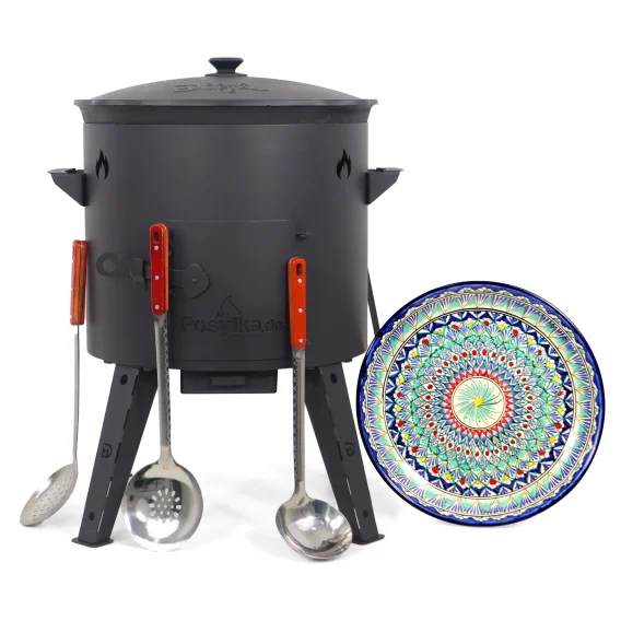 Utschak Feuerofen Ø 44 cm + Gusseisen-Kasan 16 l, flacher Boden + Küchenzubehör, Usbekischer Kochtopf aus Gusseisen