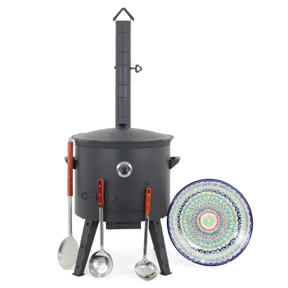 Utschak Feuerofen Ø 49 cm + Gusseisen-Kasan 22 L, runder Boden + Küchenzubehör, Usbekischer Kochtopf aus Gusseisen