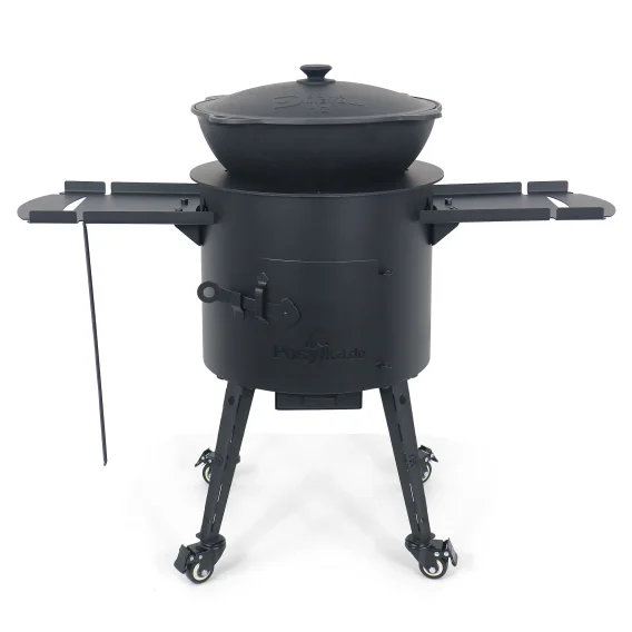 Utschak Feuerofen Ø 40 cm + Gusseisen-Kasan 12 L, runder Boden, Transportrollen, Ablagetische, Ofenplatte + Küchenzubehör, Usbekischer Kochtopf aus Gu