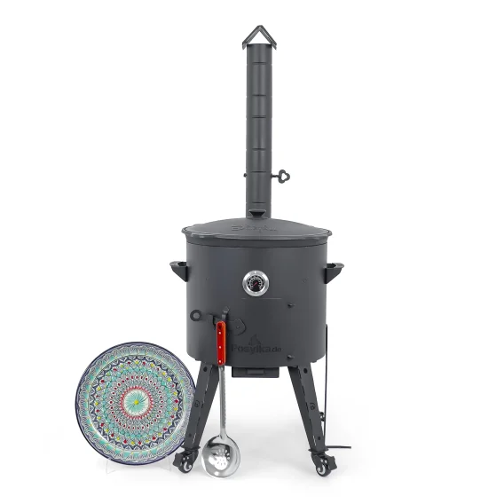 Utschak Feuerofen Ø 44 cm + Gusseisen-Kasan 16 l, Ø 46,5 cm, runder Boden + Küchenzubehör, Usbekischer Kochtopf aus Gusseisen