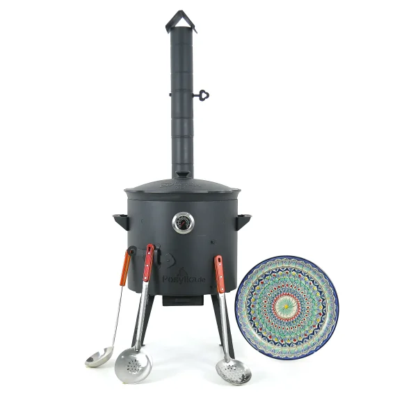 Utschak Feuerofen Ø 40 cm + Gusseisen-Kasan 12 L, runder Boden + Küchenzubehör, Usbekischer Kochtopf aus Gusseisen