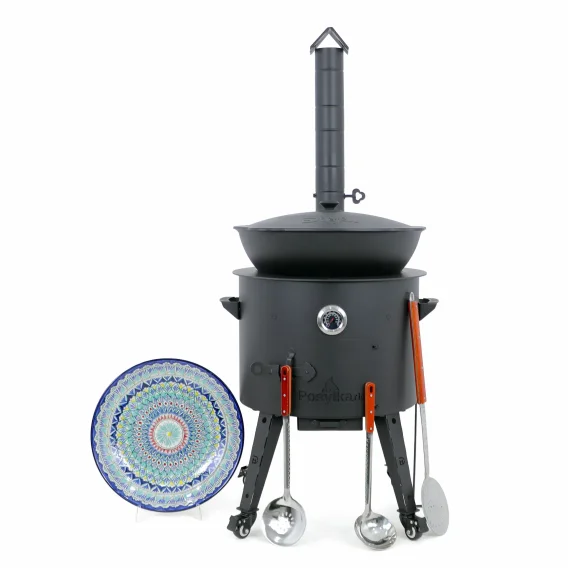 Utschak Feuerofen Ø 49 cm + Gusseisen-Kasan 22 L, runder Boden + Küchenzubehör, Usbekischer Kochtopf aus Gusseisen