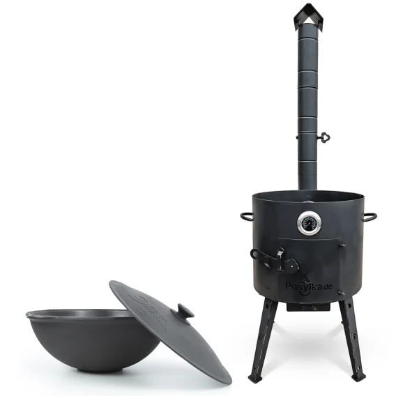 Set - Feuerofen - KasanoFF, für Kasan 12 Liter, Ø 40 cm + Thermometer + Gusseisenkasan, Aluminiumdeckel, flacher Boden, Ø 42,5 cm, 12 l