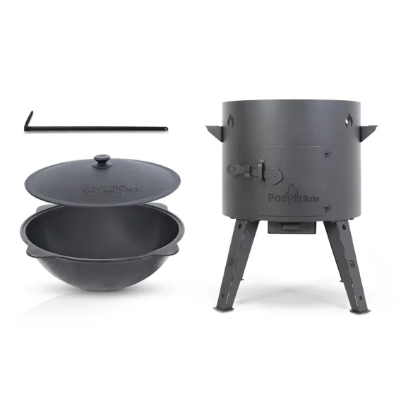 Set - Feuerofen - KazanoFF, für usbekischen Kasan 16 Liter, Ø 44 cm + Gusseisenkasan, Aluminiumdeckel, runder Boden, Ø 46,5 cm, 16 l