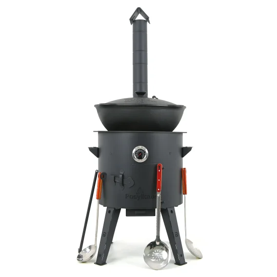 Utschak Feuerofen Ø 40 cm + Gusseisen-Kasan 12 L, runder Boden + Küchenzubehör, Usbekischer Kochtopf aus Gusseisen