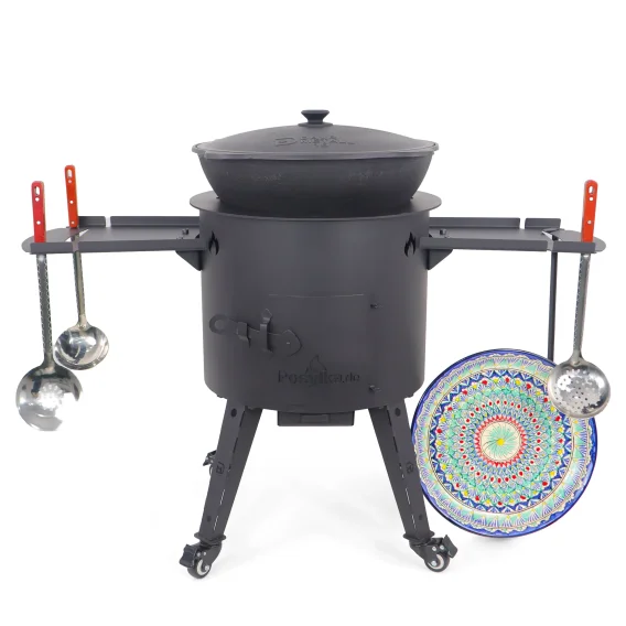 Учаг печь Ø 44 см + чугунный казан 16 л, плоское дно, колёса, столики, плита + кухонные принадлежности, узбекский чугунный казан для гриля и плова