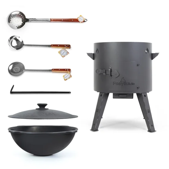 Set - Feuerofen - KasanoFF, 16 Liter, Ø 44 cm + Gusseisenkessel, flacher Boden, Ø 46,5 cm, 16 l + Schaumlöffel: 2 Stk. + Schöpfkelle