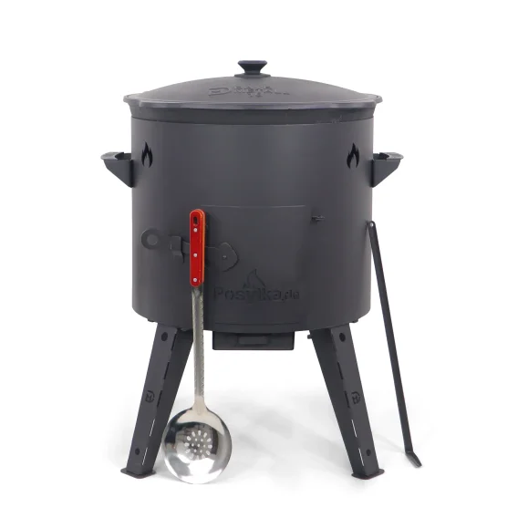 Utschak Feuerofen Ø 44 cm + Gusseisen-Kasan 16 l, Ø 46,5 cm, runder Boden + Küchenzubehör, Usbekischer Kochtopf aus Gusseisen